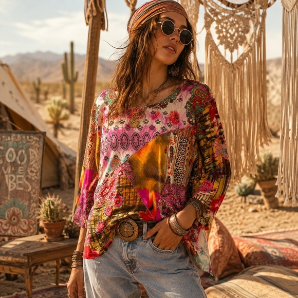 Caia Tops - Patchwork Y2K Boho Top Sz XL Pink Stretch Indie Hippie Cottage Folksy